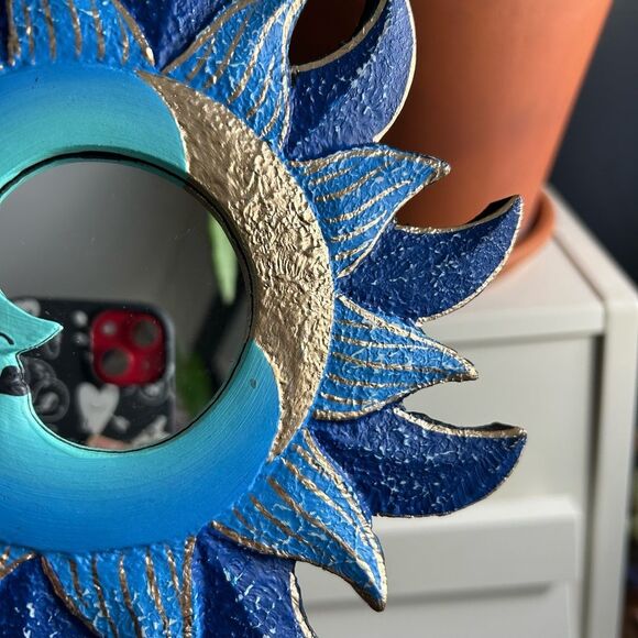Vintage 8.5" Handpainted Blue and Gold Celestial Wall Mirror Whimsygoth - Picture 3 of 11